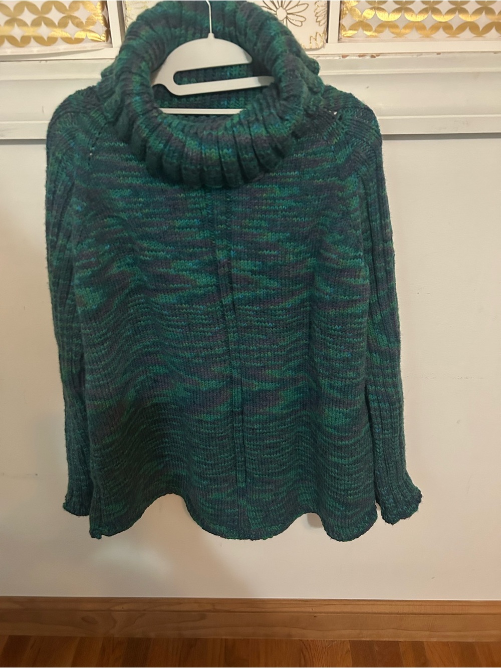 Hand Knit Cowl Neck Pullover Tunic Sweater in Teal Green and Purple